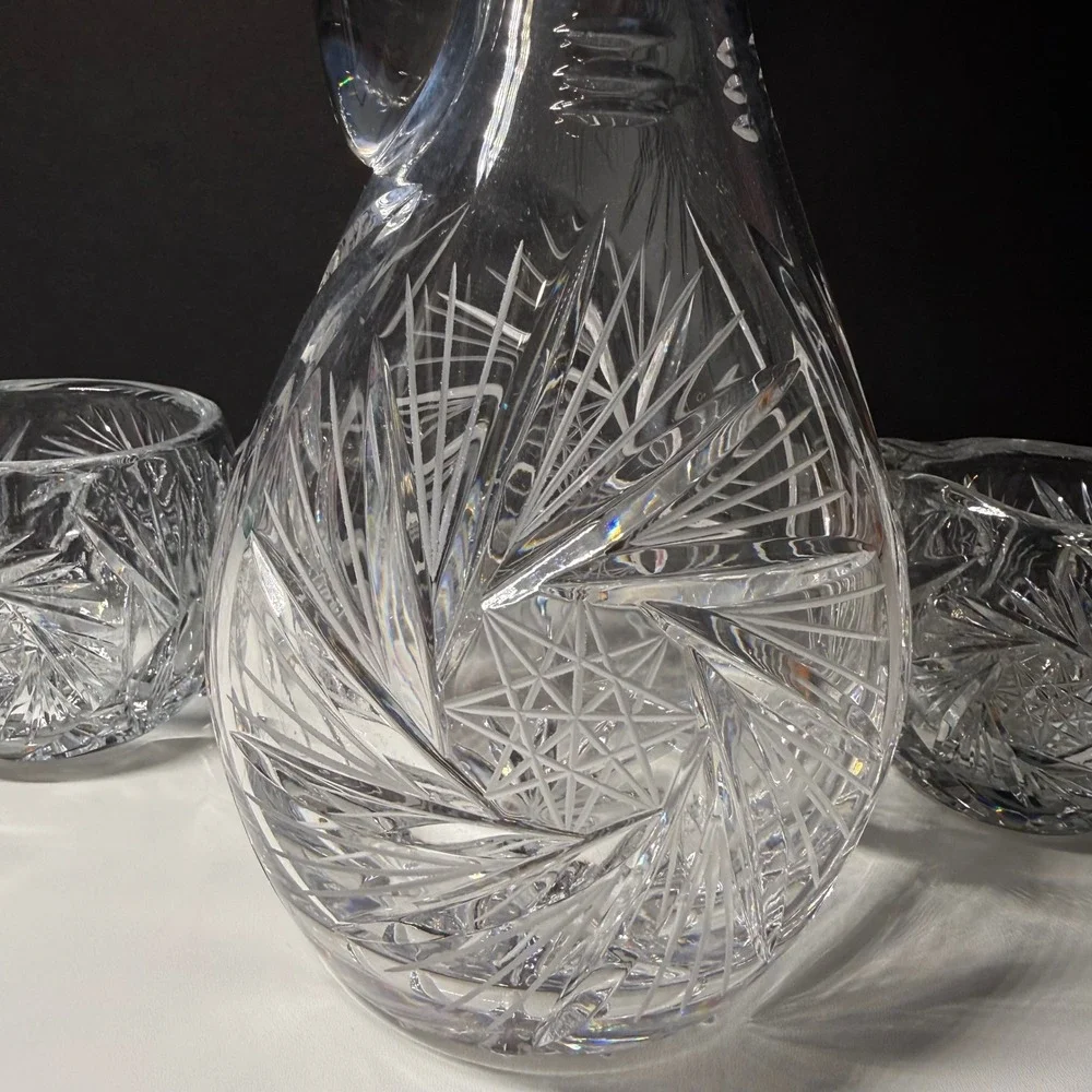 American Brilliant Vintage Pinwheel Cut Crystal Decanter Set Creamer Sugar Bowl
